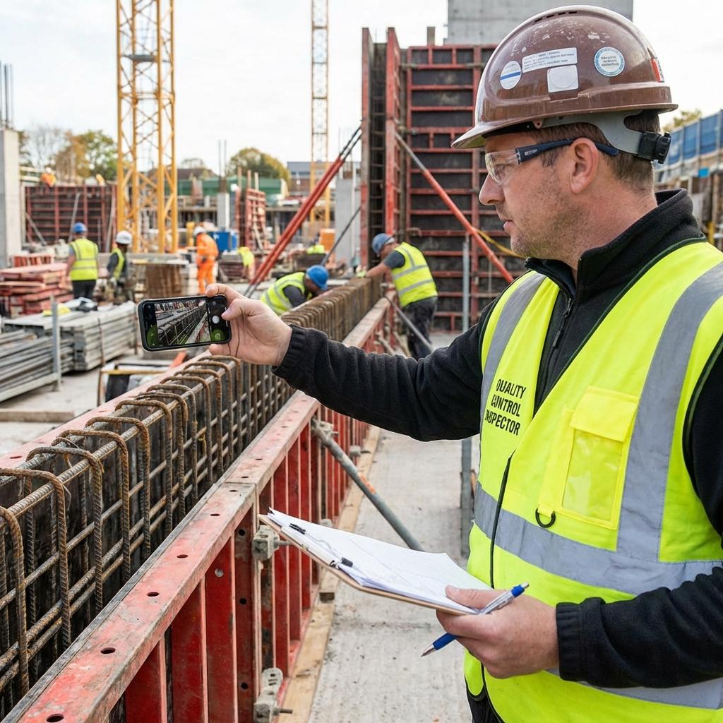 Rakennusmestari dokumentoi havaintoja puhelimella työmaalla